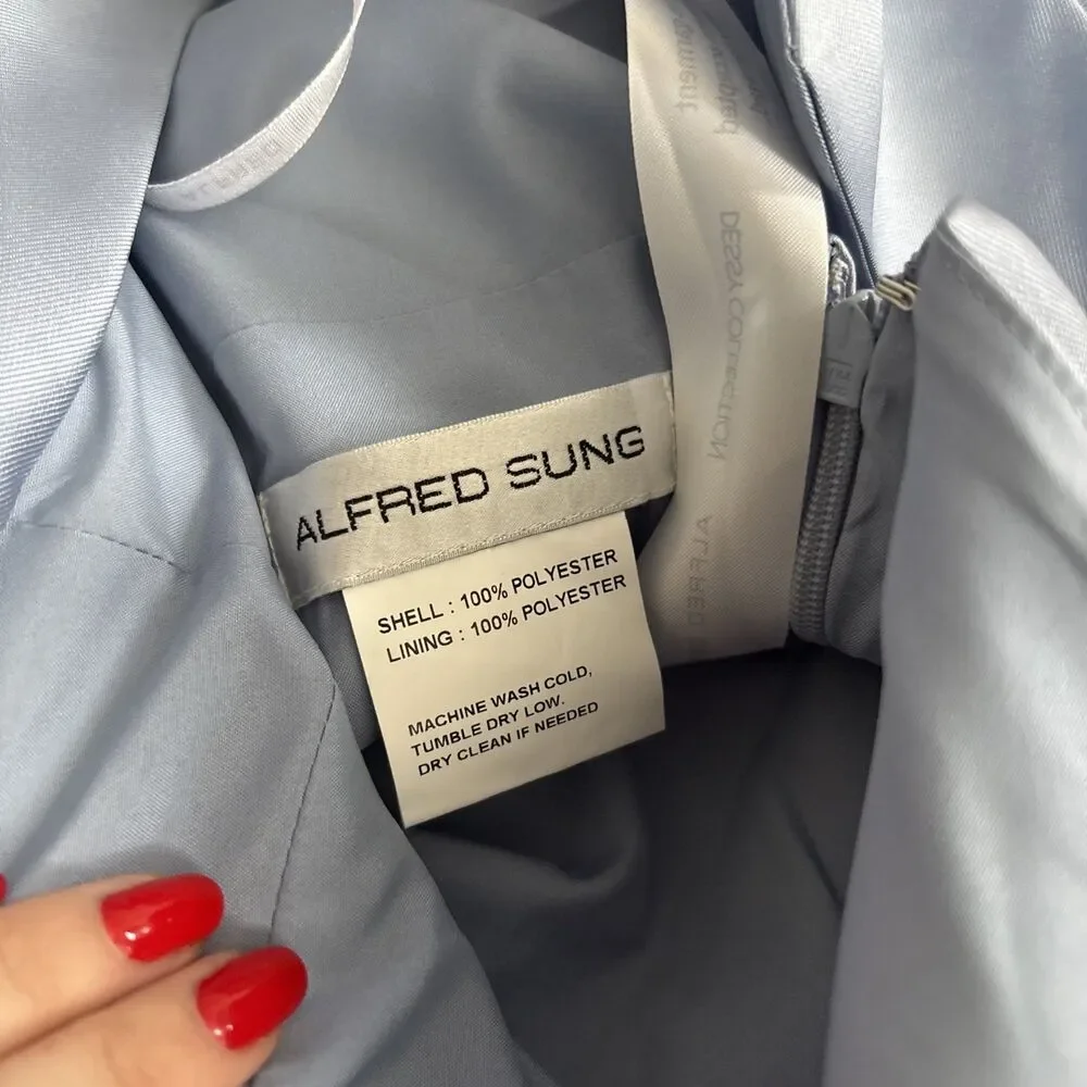 Alfred Sung Deep V Back Satin Trumpet Dress Cloudy Blue Size 10 NWT Bow Shoulder - Picture 6 of 9